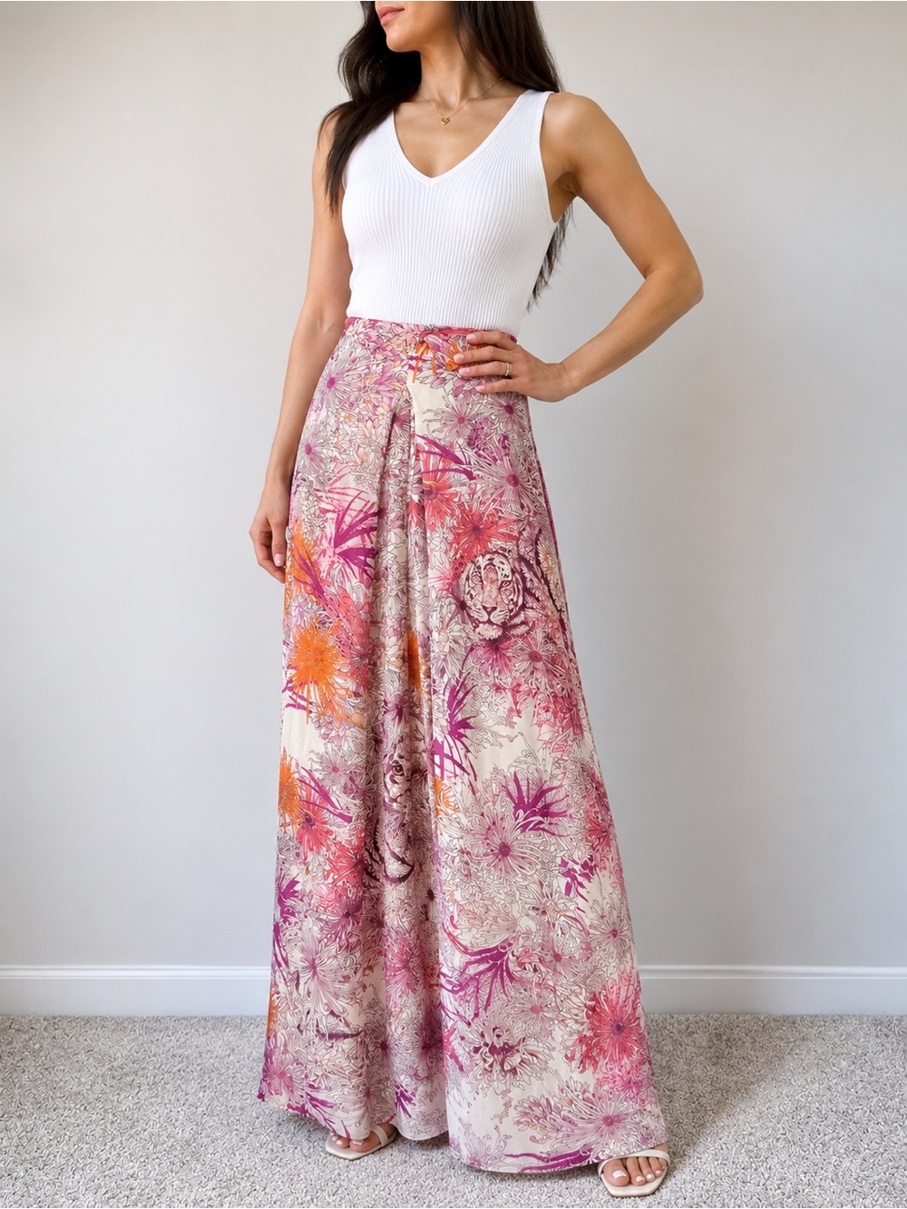 Salvatore Ferragamo Tiger & Chrysanthemum Silk Blend Maxi Skirt Size 38 Italy